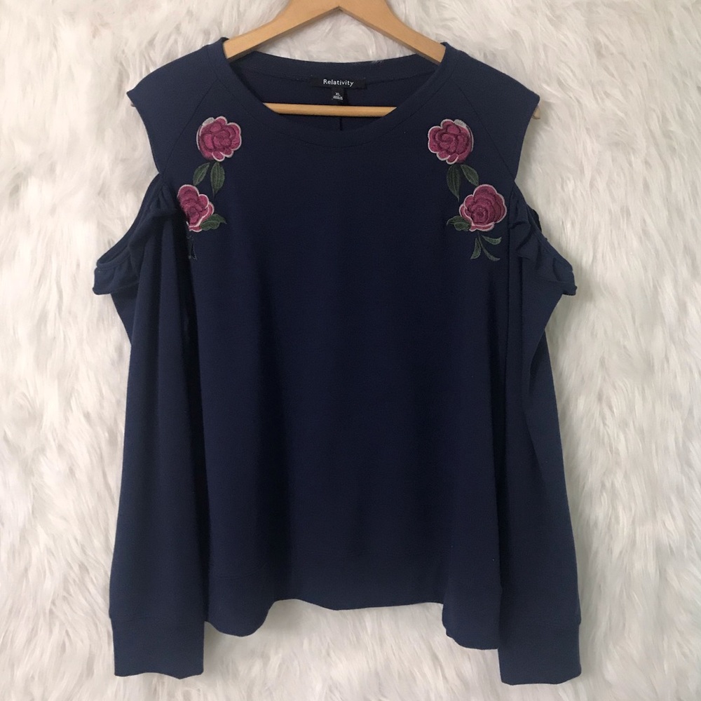 Relativity Cold Shoulder Embroidered Sweater